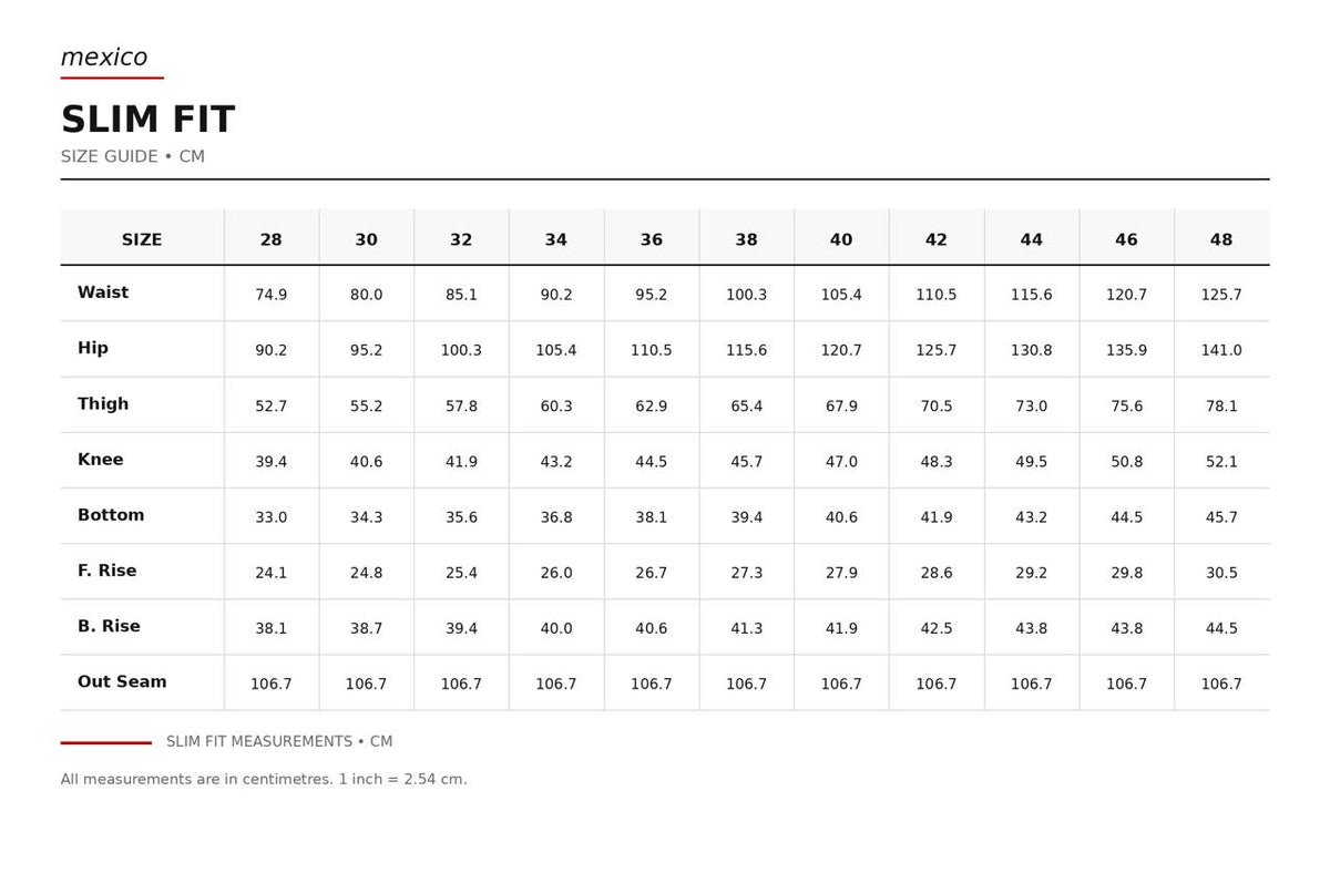 Size guide in centimeters