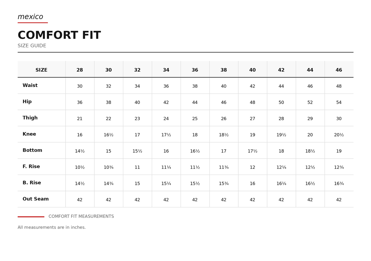 Size guide in inches