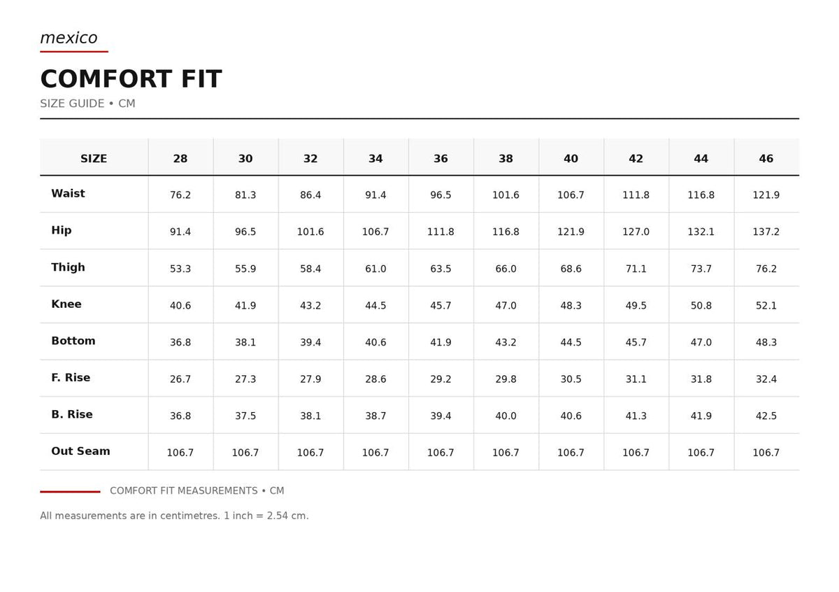 Size guide in centimeters